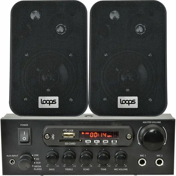 Image of Shop Bluetooth Music System 2x Black Speakers & 110W Amp Background FM Radio