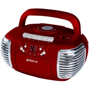 image of Groov-e Retro Boombox Portable CD & Cassette Player with Radio - Red