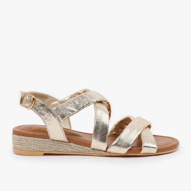 Image of Where's That From 'Eleanor' Low Wedge Shoes With Buckle Closure & Cross Over Strap Gold