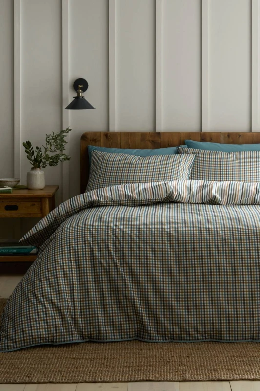 Image of Appletree 'Micro Check' 100% Cotton Duvet Cover Set in Green Size: Double Green Unisex Double
