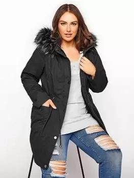 Image of Yours Faux Fur Trim Hooded Parka - Black, Size 16, Women