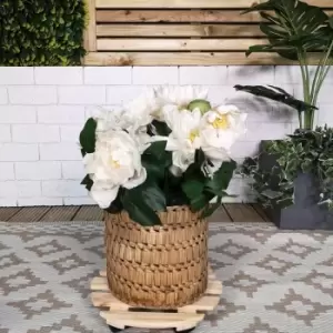 image of 28cm Round Wooden Garden Plant Pot Flower Trolley Stand on Wheels