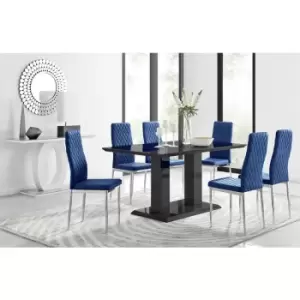 Image of Furniturebox UK - Furniturebox Imperia 6 High Gloss Black Modern Dining Table and 6 Navy Milan Faux Leather Dining Chairs With Silver Legs Diamond