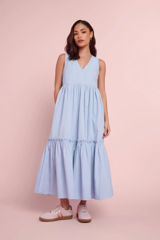 Image of PixieGirl Womens Petite Frill Tiered Midi Dress in Light Blue Size: 18 Light Blue Female 18