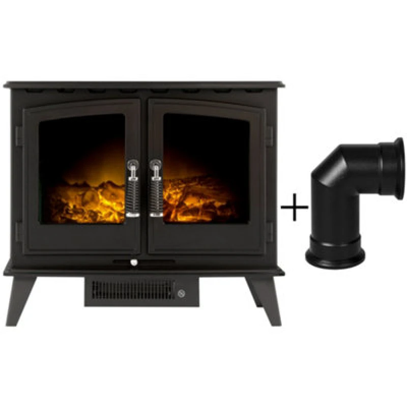 Image of Adam Fires & Fireplaces Adam Woodhouse Electric Stove in Black with Angled Stove Pipe Black