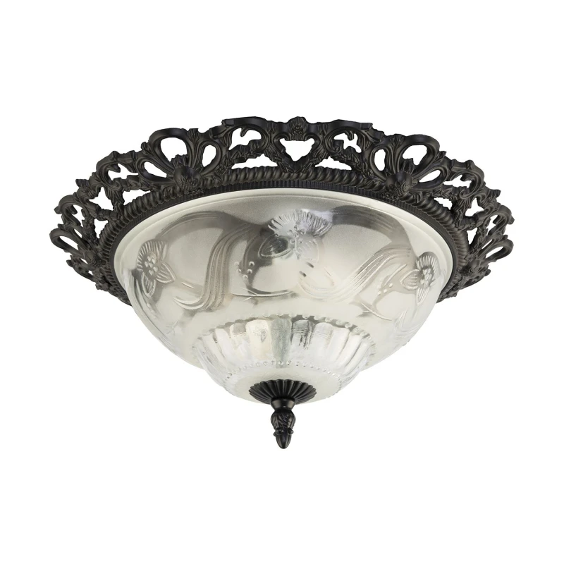 Image of Happy Homewares Traditional & Classic Ornate Metal & Floral Glass Flush Ceiling Light Fitting in Black Unisex