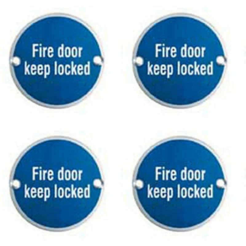 Image of Loops 4x Fire Door Keep Locked Sign 64mm Fixing Centres 76mm Dia Satin Steel Metallics