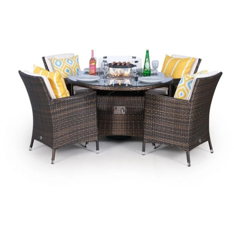 Image of Thats Furniture Savannah Fire Pit 4 Seater Round Rattan Dining Set in Brown Brown Unisex