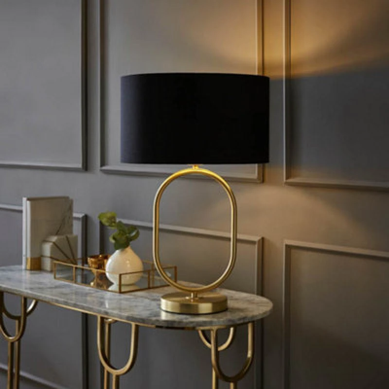 Image of Valuelights Antonia Black With Metallic Gold Inner Drum Shade Brushed Gold Oval Table Lamp