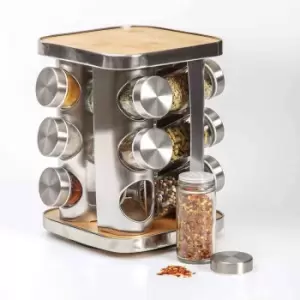 image of Rack & Rail Company Spice Rack Rotating 12 Glass Jars - Wood And Stainless Steel Finish