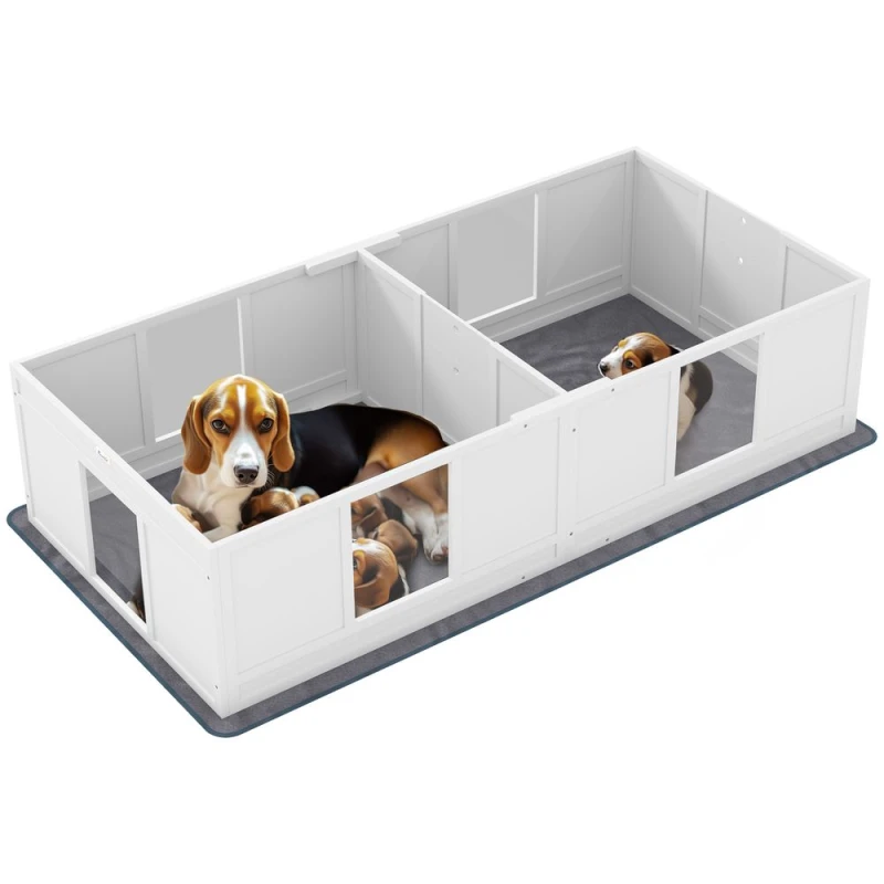 Image of PawHut Whelping Box for Dogs with Whelping Pad, Two Room Design, 196 x 96cm White
