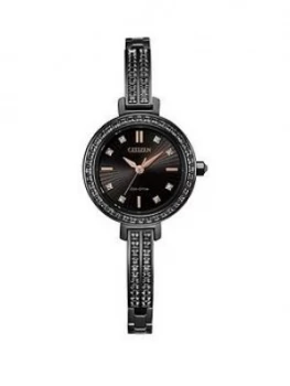 Image of Citizen Eco-Drive Black And Rose Gold Detail Diamond Set Date Dial Two Tone Stainless Steel Bracelet Ladies Watch