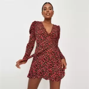 image of Missguided Puff Sleeve Ruffle Tea Dress - Black