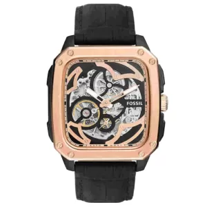 Image of Fossil Men Inscription Automatic Black Leather Watch