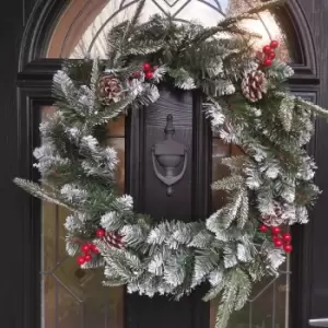 Image of 50cm Premier New Jersey Christmas Wreath PVC Snowy Tips With Festive Berries And Cone