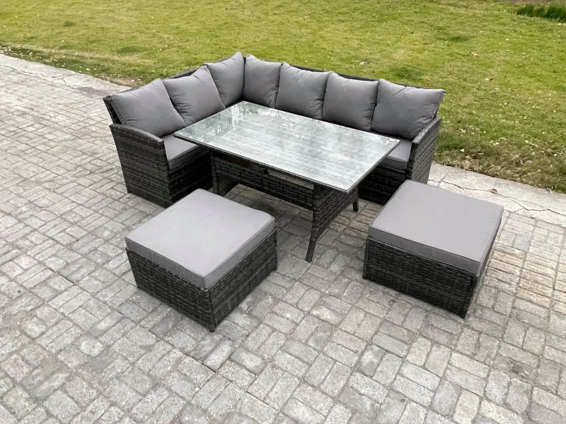 Image of Fimous 8 Seater Outdoor Rattan Garden Furniture Set with Rectangular Dining Table 2 Big Footstool Patio Wicker Corner Sofa Set in Dark Grey Dark Grey