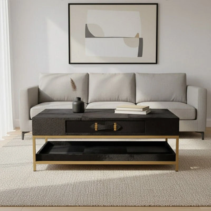 Image of Orsina Black Hair On Hide Coffee Table, Gold Frame Modern Statement Table, Rectangular Living Room Table