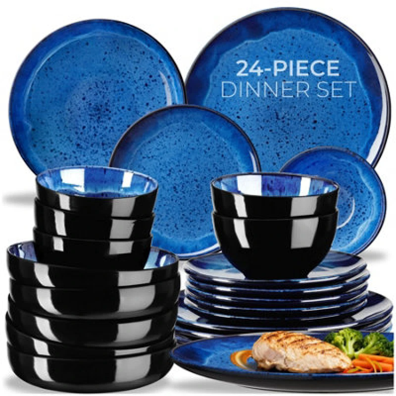 Image of Tectake 24 PC Dinner Set Mare In Glazed Stoneware For 6 People, Microwave- And Dishwasher-Safe - Blue