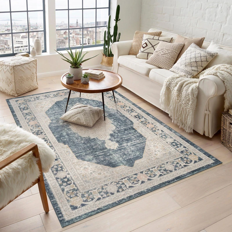 Image of Maia Washable Low Pile Non Slip Orchid Traditional Area Rug - Navy, 120 X 180 Cm (Rectangular)