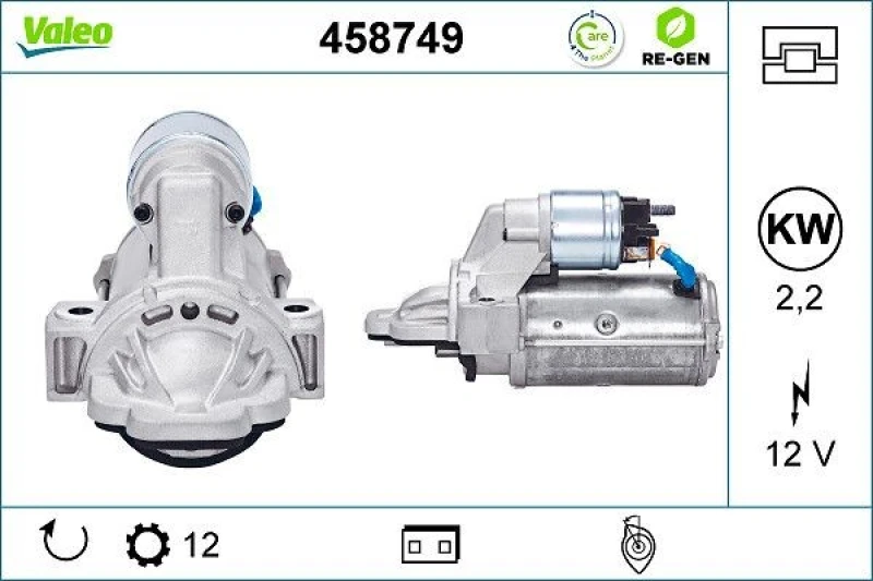 Image of VALEO 458749 Starter motor VALEO RE-GEN REMANUFACTURED 2,2kW, 12V, Number of Teeth: 12 Starter (2)