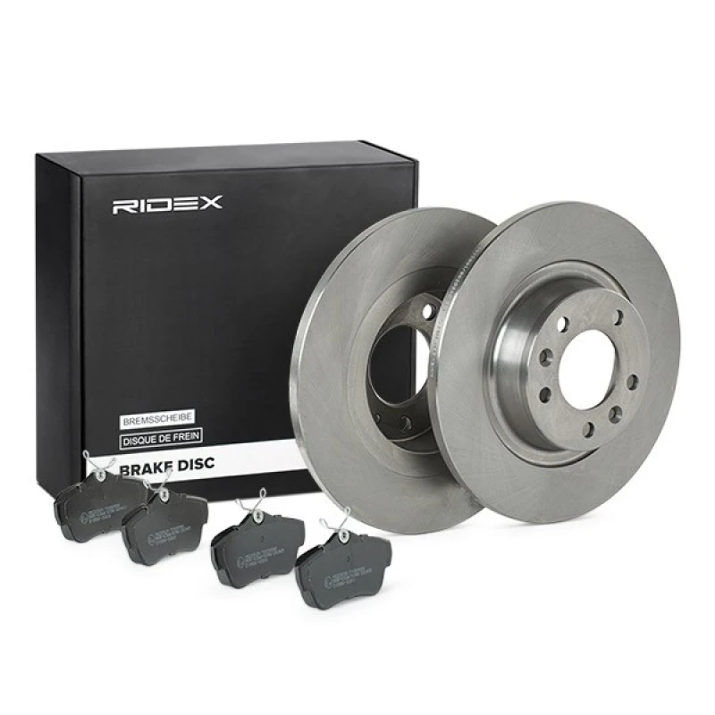 Image of RIDEX 3405B1186 Brake disc and pads set Rear Axle, Brake Disc Type: Solid, excl. wear warning contact, with clip Brake Set,disc brakes (3405)