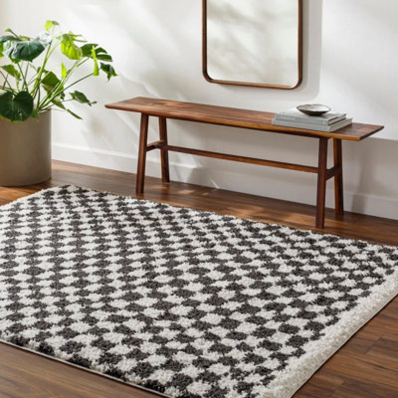 Image of Livabliss Shaggy Modern Plush Pile Dark Grey Checkered Kittu Area Rug 160 X 213cm - Easy Care, Ideal For Living Room & Bedroom