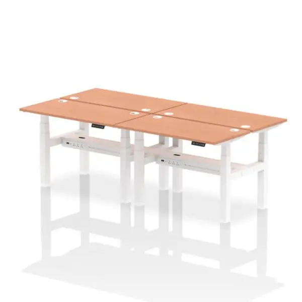 Image of Air Air Back-to-Back 1200 x 600mm Height Adjustable 4 Person Bench Desk Beech Top with Cable Ports White Frame HASCP4P12600BCHW