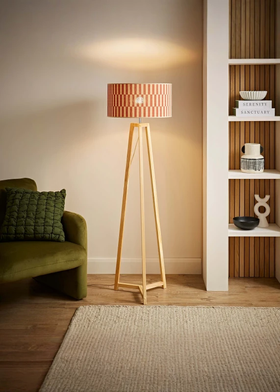 Image of ValueLights ValueLights Lottie Tripod Wood Floor Lamp with Orange Check Bamboo Shade and Bulb Orange One Size Unisex 5059406068942