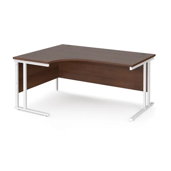 image of Maestro 25 Left Hand Ergonomic Office Desk with White Cantilever Frame and Walnut Top - 1600mm Wide