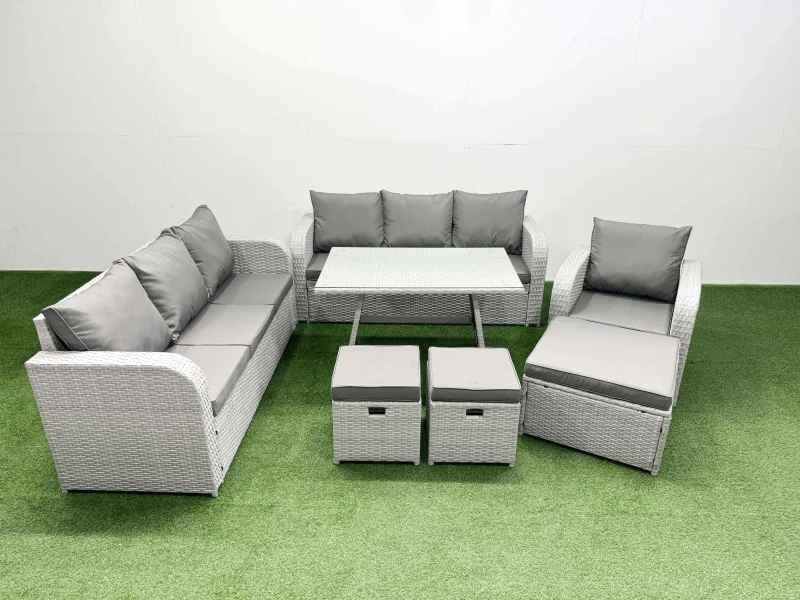Image of Fimous 7 Pieces Outdoor PE Rattan Garden Furniture with 3 Stool Light Grey Light Grey Unisex