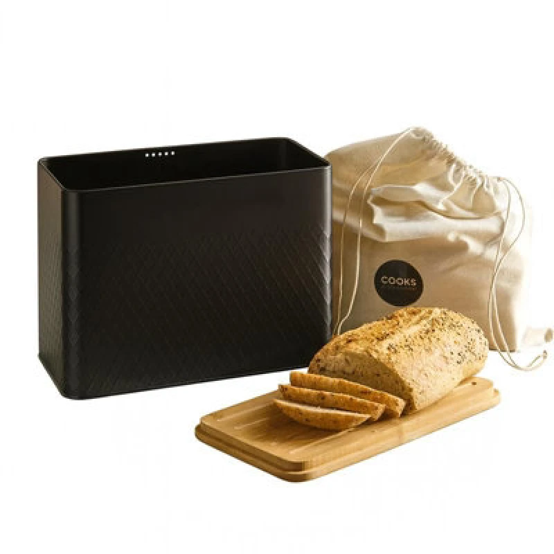 Image of Cooks Professional Diamond Pattern Bread Bin With Linen Bag & Bamboo Cutting Board Lid - Black