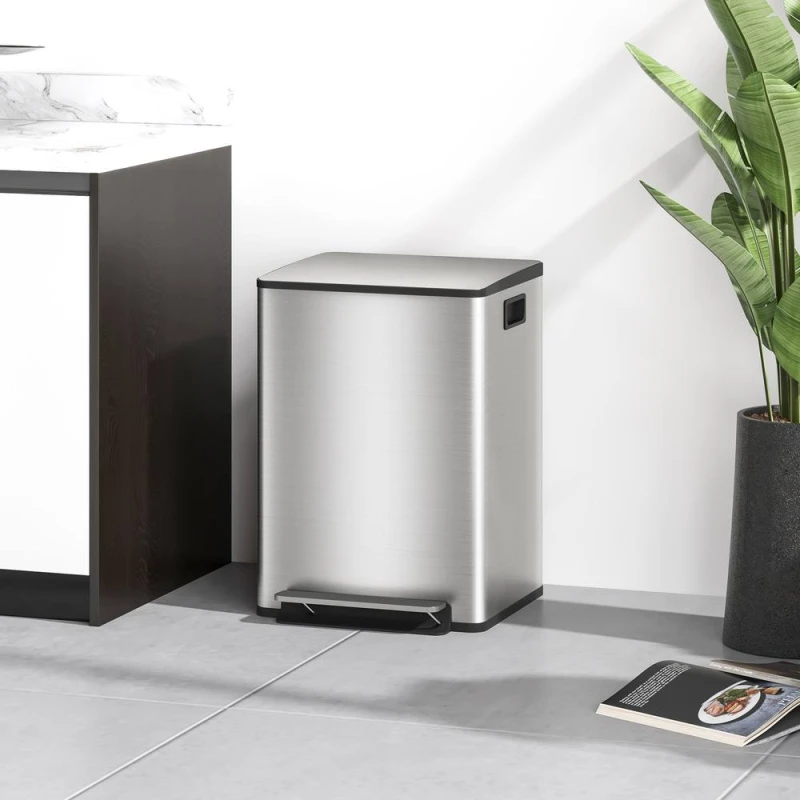 Image of HOMCOM Double Kitchen Bin, Pedal Bin with Soft-Close Lid, Silver Tone Silver Unisex