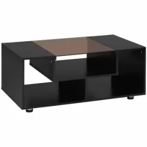 image of HOMCOM Modern Coffee Table With Tempered Glass Top And 3-tier Storage Shelves Black