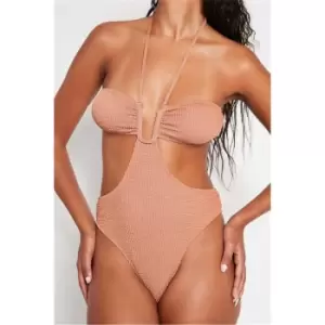 I Saw It First Chocolate Crinkle Rib U Bar Cut Out Halterneck Swimsuit - Brown