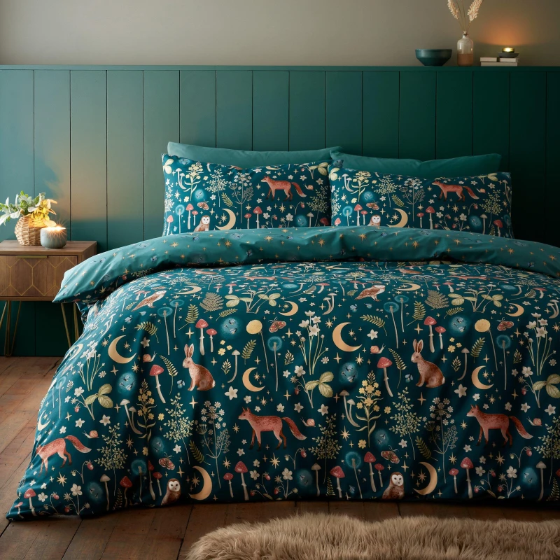 Image of Catherine Lansfield Enchanted Twilight Reversible Duvet Cover Set Duvet Cover Sets Single Green 42117915010
