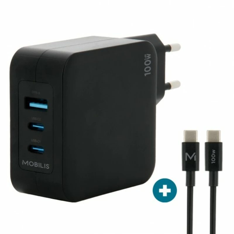 Image of Mobilis Charger 100W 2USB C 1USBA GaN cable 100W Laptop. Smartphone. T
