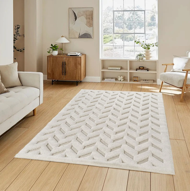 Image of Freya Living Room Area Rug Contemporary 3D Embossed Modern Herringbone Design - Cream 200Cm X 290Cm
