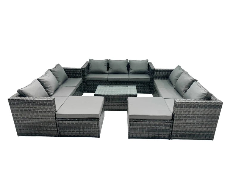 Image of Fimous 11-seater Patio Coffee Table Sofa Set with 2 Big Stools in Dark Grey Dark Grey Unisex