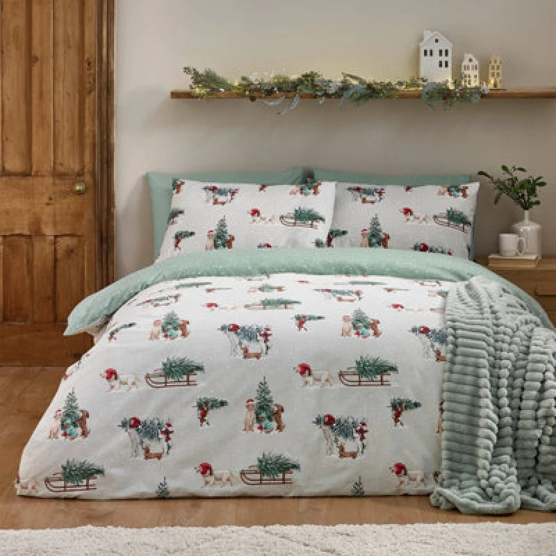 Image of Catherine Lansfield Brushed Christmas Dogs Cotton Reversible Double Duvet Cover Set With Pillowcases Green