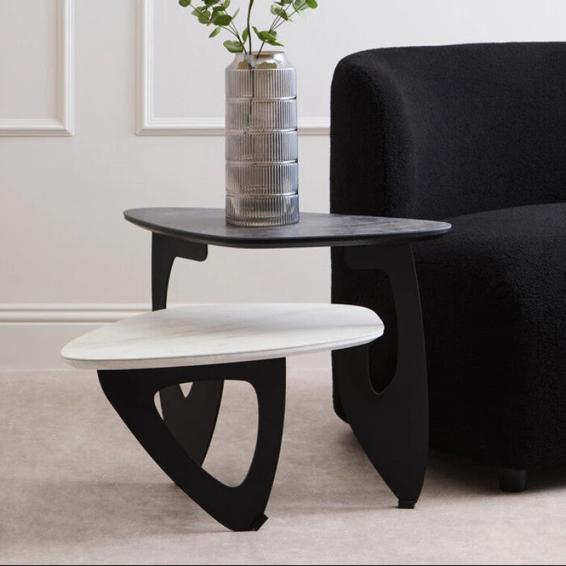 Image of Orsina Grey and White Marble Effect Ceramic Tops Small 2-Tier Asymmetrical Coffee Table with Black Metal Base Imperia