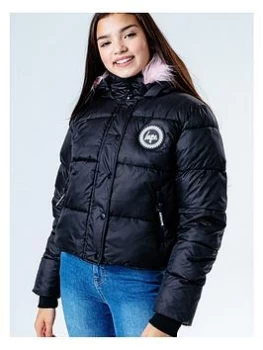 Hype Girls Pink Trim Cropped Padded Jacket - Black, Size 15 Years, Women