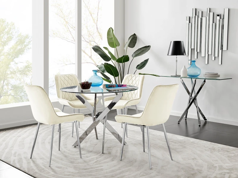 Image of FurnitureboxUK FurnitureboxUK Novara Clear Tempered Glass 100cm Round Dining Table with Chrome Starburst Legs & 4 Pesaro Velvet Silver Leg Chairs in C