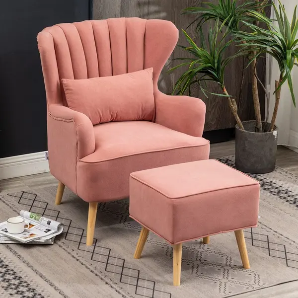 image of 2ft H Frosted Velvet Wingback Armchair and Footstool Set