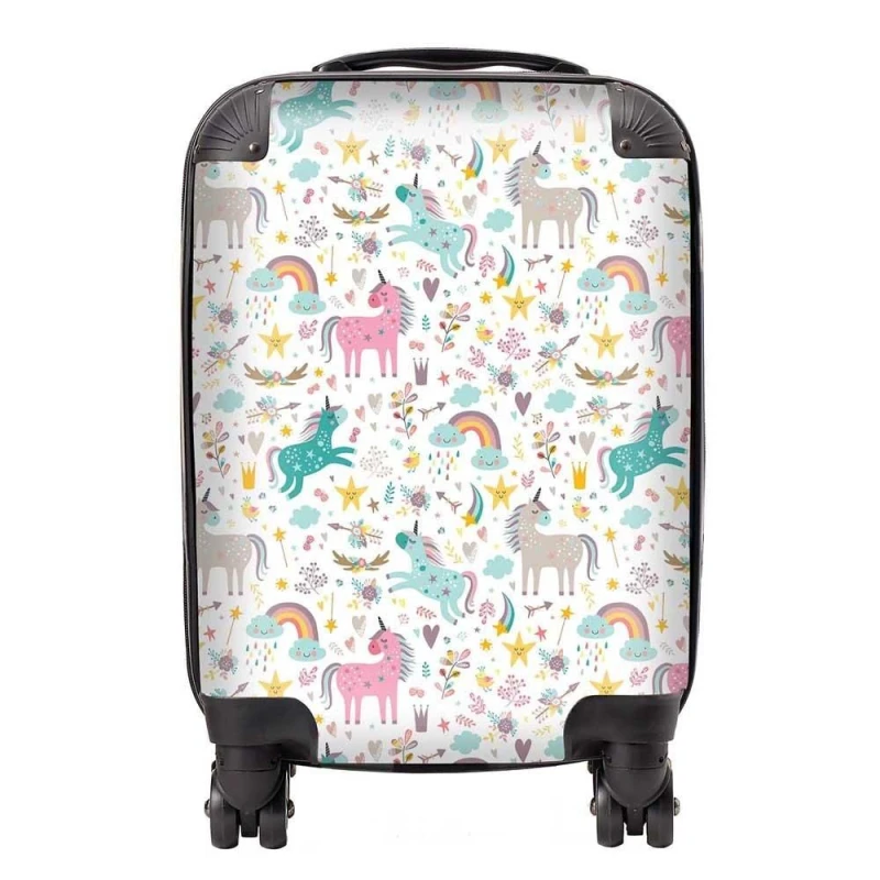 Image of Warren Reed - Designer Unicorn & Rainbows Suitcase in Blue Size: Large Blue Unisex Large