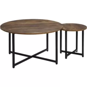 Image of Homcom - 2 Pcs Round Coffee Table with Metal Frame Side Accent Tables Brown
