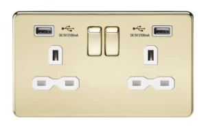 image of KnightsBridge 13A 2G Screwless Polished Brass 2G Switched Socket with Dual 5V USB Charger Ports - White Insert