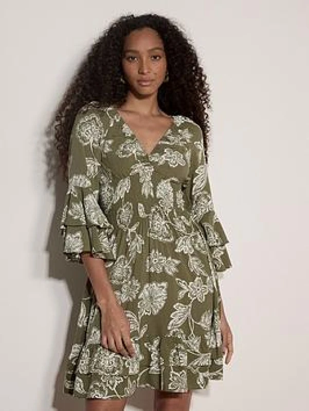 Image of Apricot Bell Sleeve Smocked Waist Dress - Green Green X4810 Female L,M,S,XS,XXL