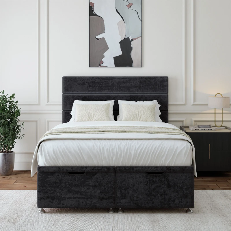 Image of Bedmaster Bedmaster Luxury Velvet Ottoman Divan Base And Lined Headboard in Black Size: Super King Black Super King Unisex 7867868913476