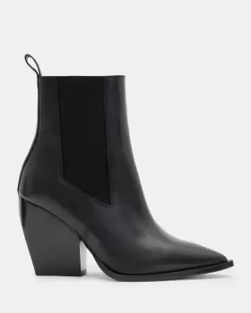 Image of AllSaints Ria Pointed Stack Heeled Leather Boots