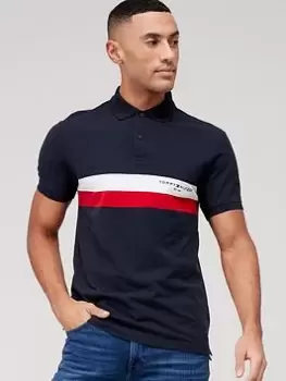 image of Tommy Hilfiger Chest Colourblock Slim Polo Shirt, Navy, Size XL, Men